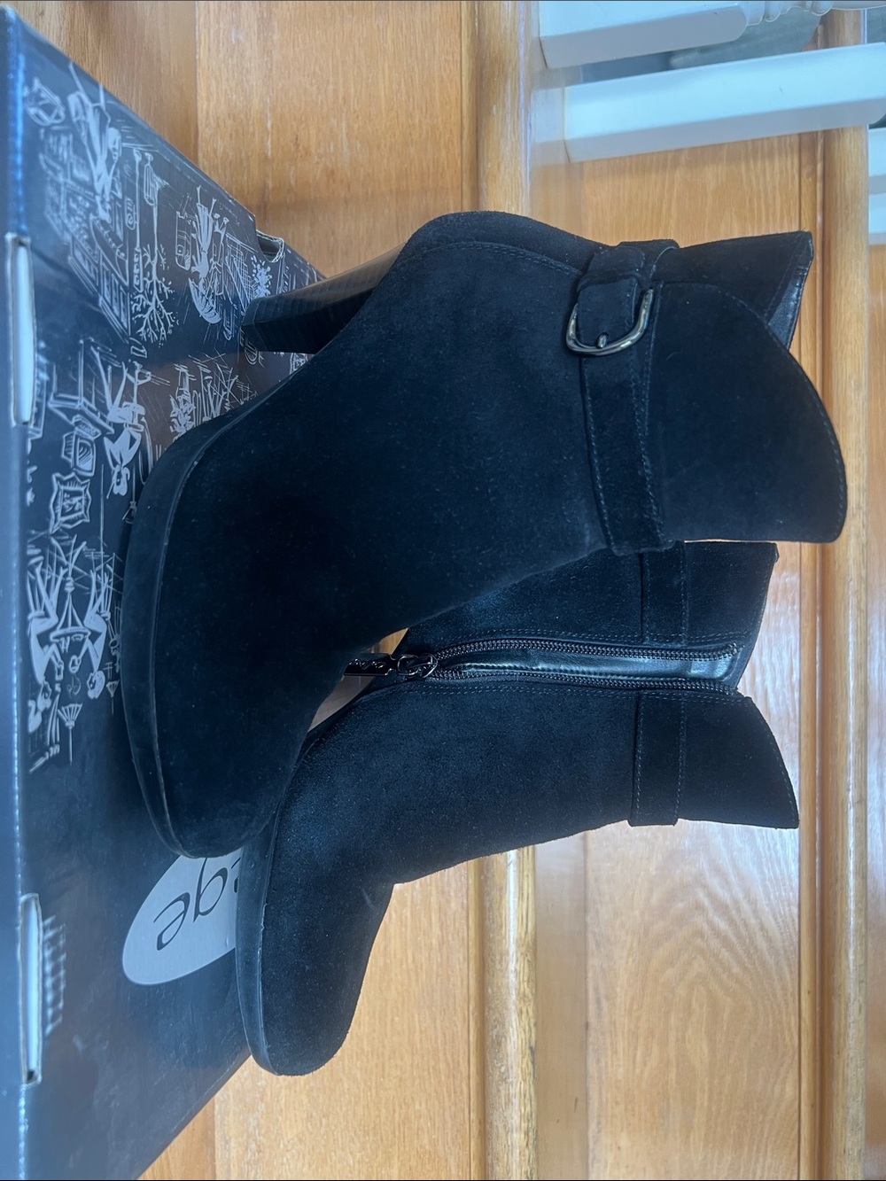 Aqua Black Suede Ankle Booties with Buckle Detail